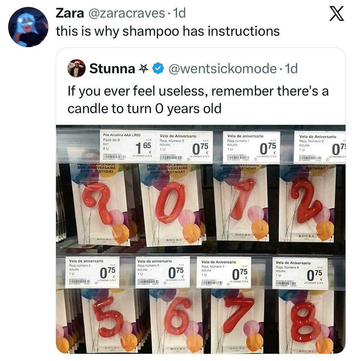 A screenshot of a savage burn tweet about shampoo instructions and zero-shaped birthday candles.