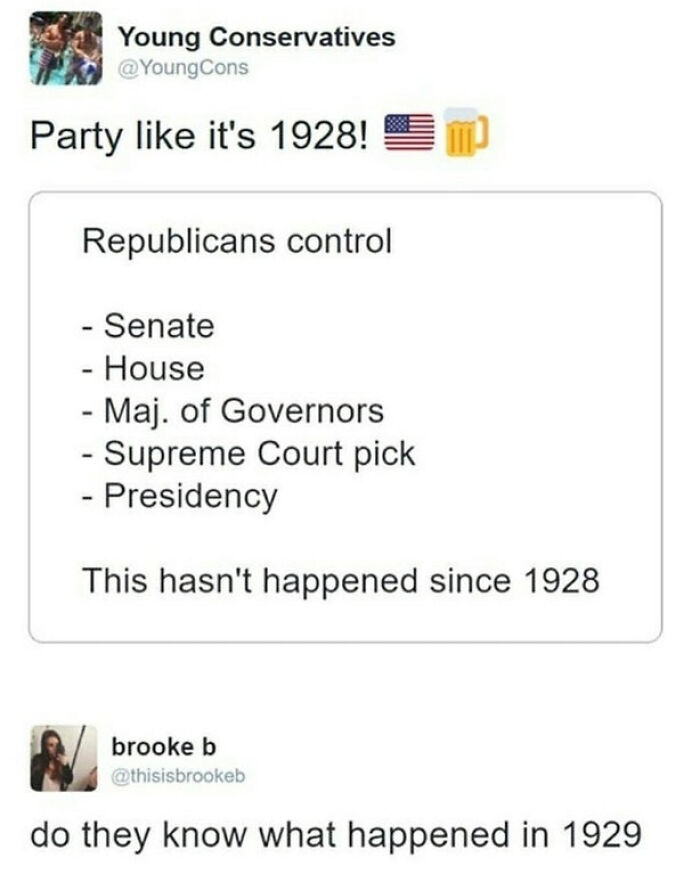 A tweet from Young Conservatives about Party like it's 1928 with a hilariously savage burn.