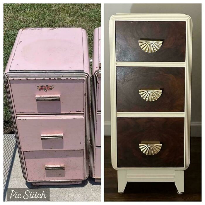 Before and after of an old piece of furniture, a pink metal cabinet updated with wood-look drawers and gold handles.