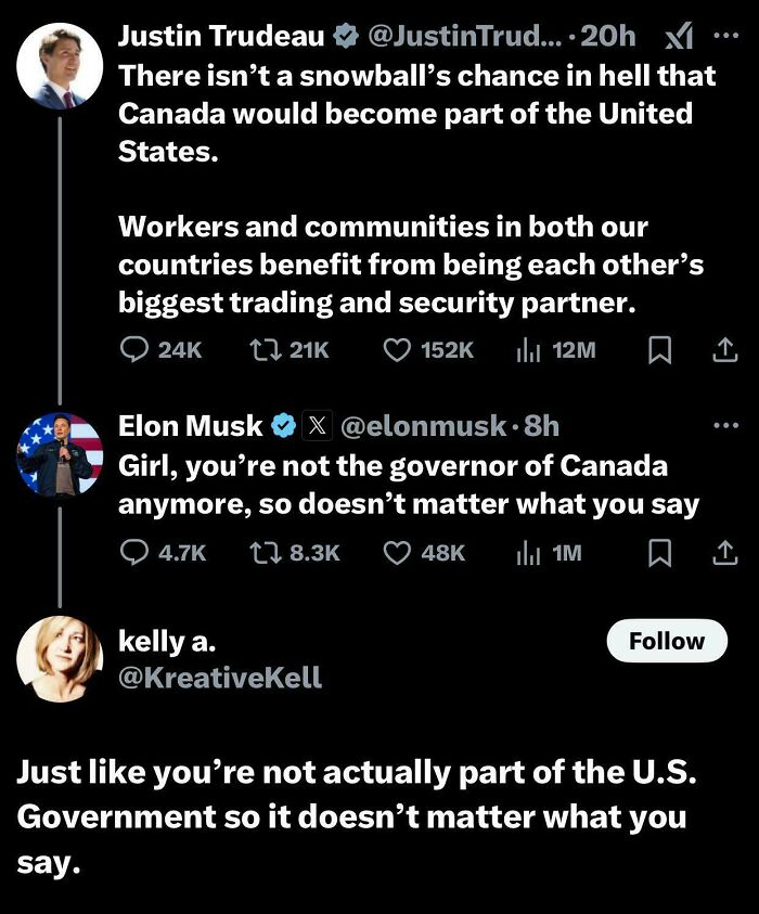 Elon Musk and Kelly A. deliver hilariously savage burns to Justin Trudeau on Twitter.