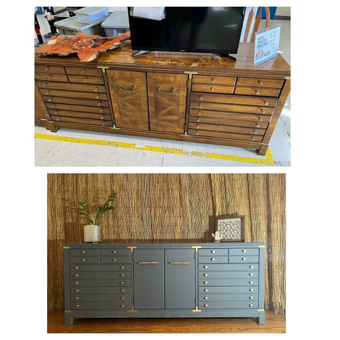 Before and after of an old piece of furniture, a large wooden cabinet revived with dark gray paint.