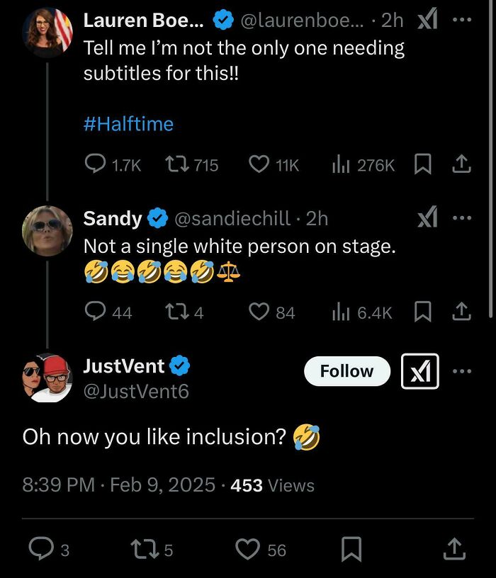 A screenshot of a hilariously savage burn on X (formerly Twitter) about inclusion during halftime.