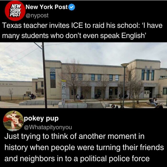 A social media post with a savage burn about a Texas teacher inviting ICE to raid their school, sparking outrage.