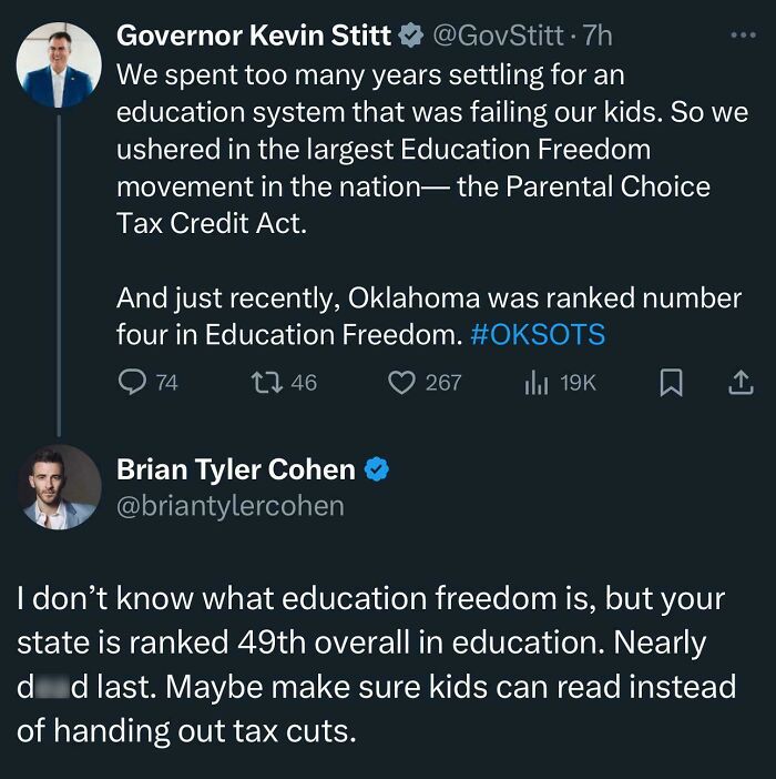 A social media post featuring a savage burn from Brian Tyler Cohen to Governor Kevin Stitt about education rankings.
