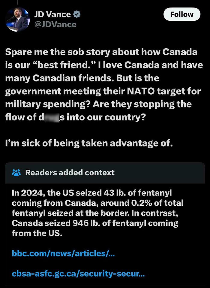 A social media post with a savage burn as readers add context to JD Vance's claims about Canada and fentanyl.