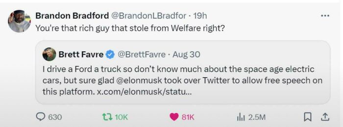 A screenshot of a savage burn on Twitter, where a user questions Brett Favre about stolen welfare funds.