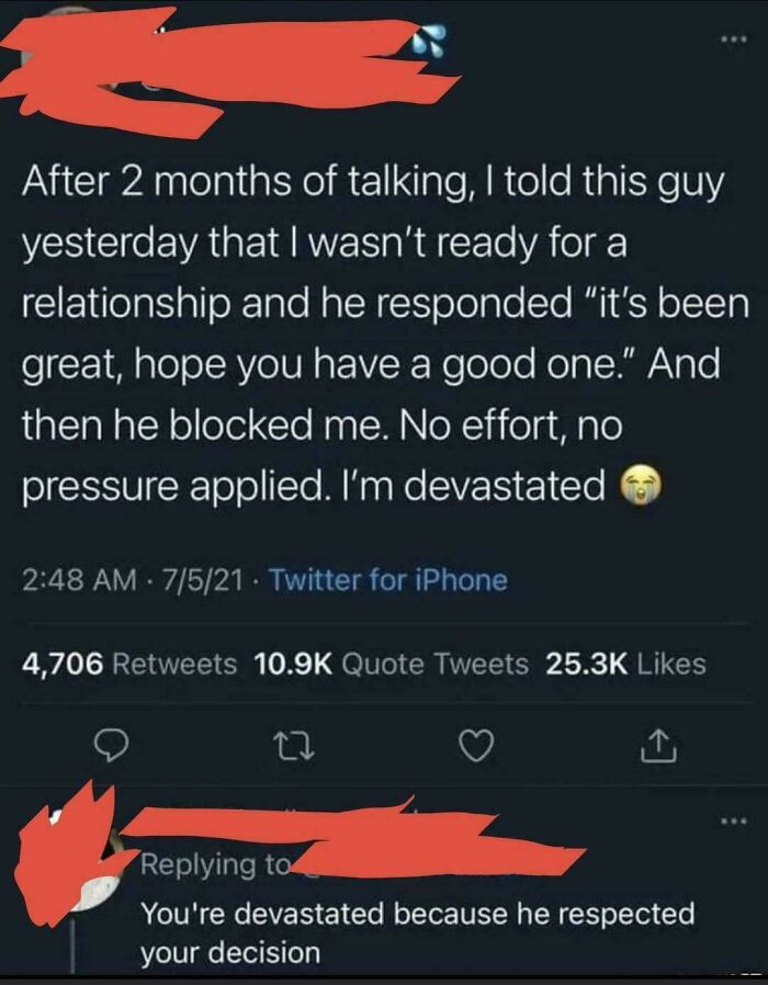 A screenshot of a hilariously savage burn on Twitter, where someone is devastated their decision was respected.
