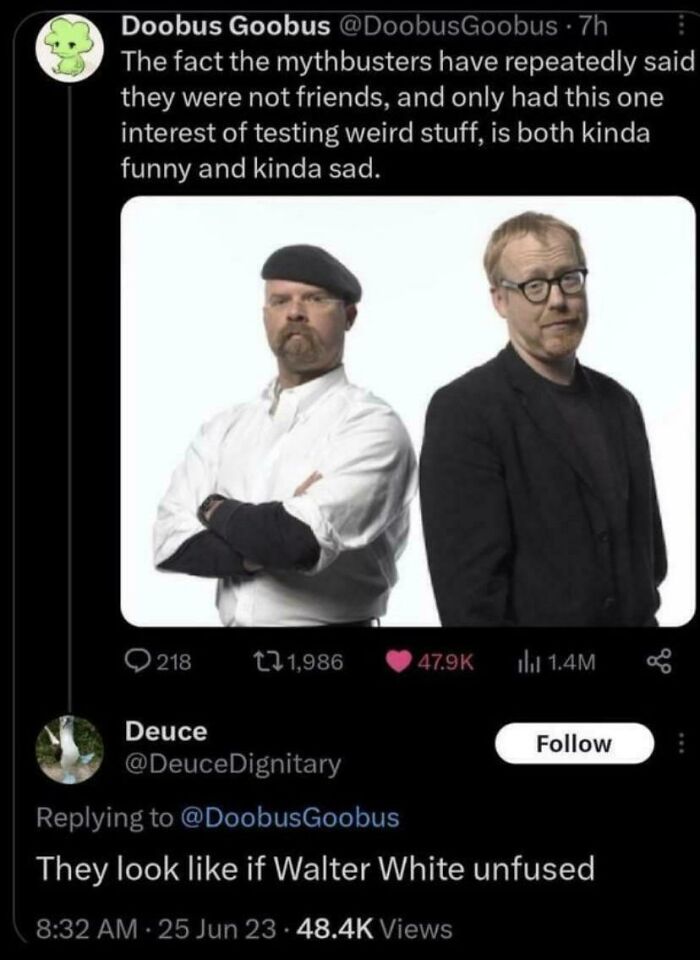 A screenshot of a hilarious burn comparing the Mythbusters hosts to an unfused Walter White.