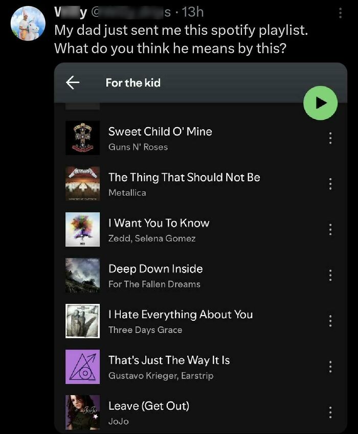 A screenshot of a dad's Spotify playlist for his kid, featuring several songs that sound like savage burns.