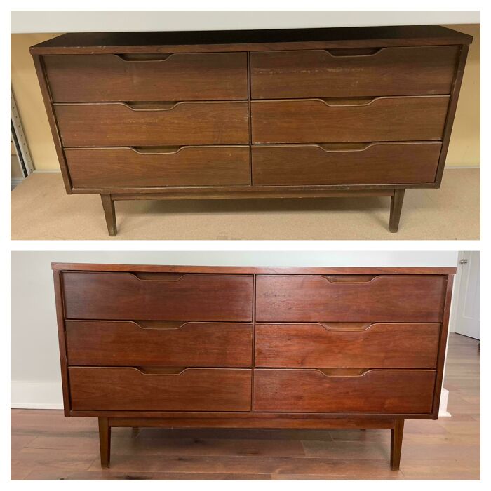 An old piece of furniture, a wooden dresser, before and after refurbishment, showing its potential revived.