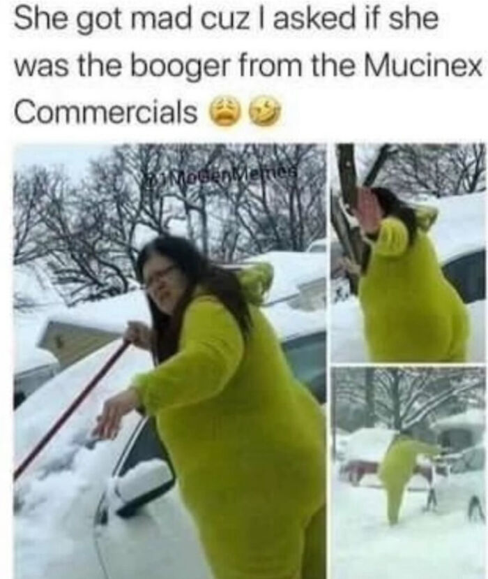A meme showing a woman in a green snowsuit, with a savage burn caption comparing her to a Mucinex booger, for hilarious burns.