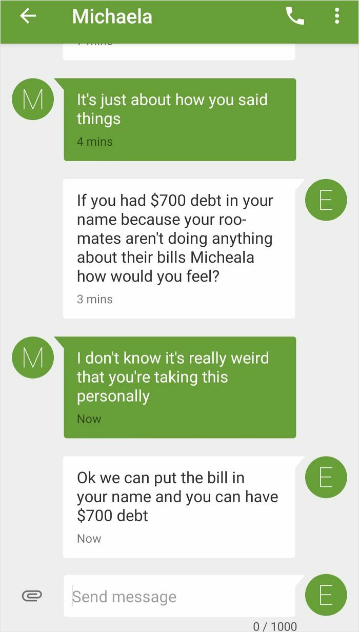 A screenshot of a text message conversation with a horrible roommate discussing a $700 debt for bills.