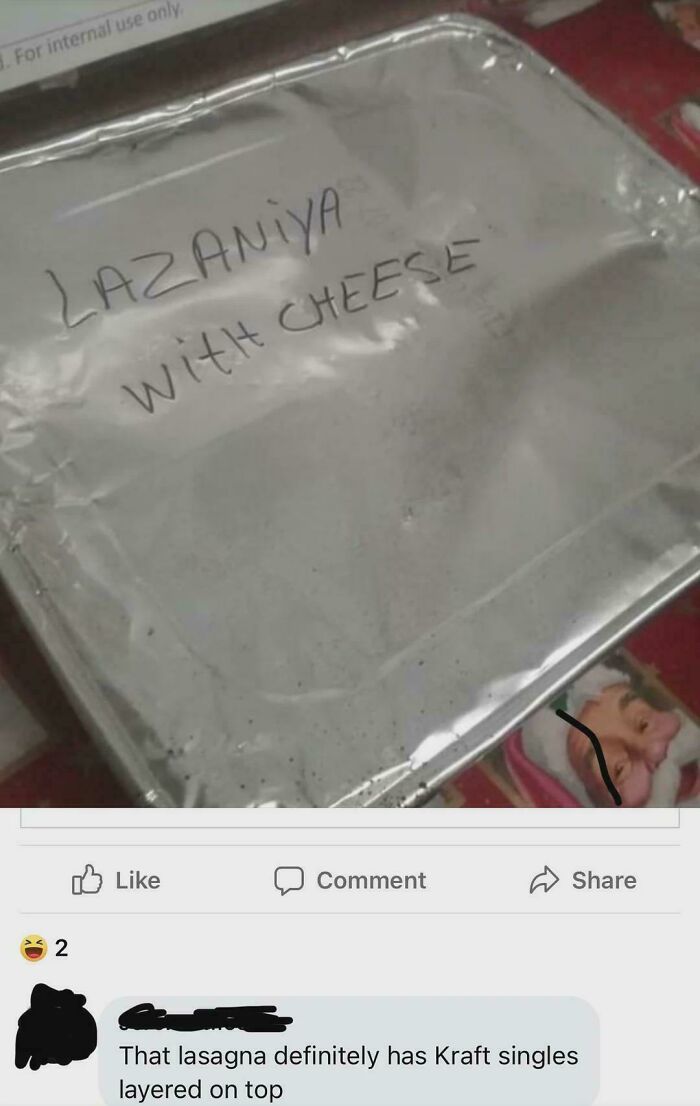 A hilariously savage burn on lasagna with cheese, suggesting it has Kraft singles layered on top.