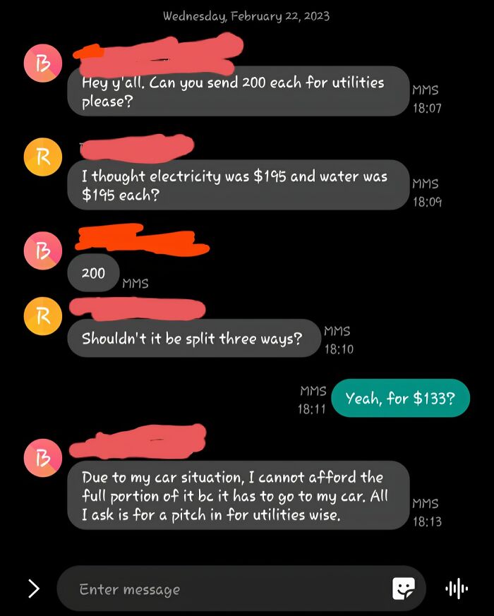 A text message conversation about uneven utility payments, a common conflict with horrible roommates.