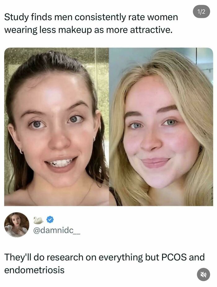 A hilariously savage tweet comparing two women, one with less makeup, and a comment about research priorities, showing a burn.