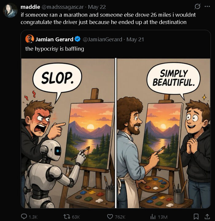 A hilariously savage meme contrasting a critical man and a Bob Ross-like figure, illustrating hypocrisy in art evaluation.