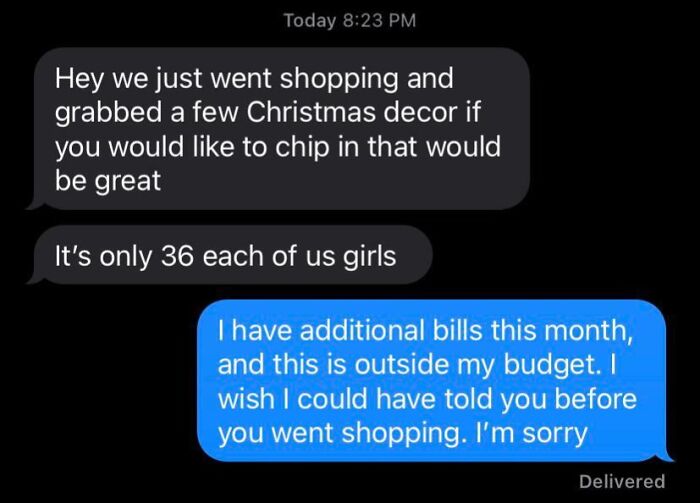 A text message exchange showing one roommate requesting money for Christmas decor and another declining, illustrating horrible roommates.