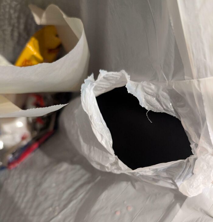 An overflowing trash can filled with discarded paper bags and a white plastic bag, highlighting a common issue with horrible roommates.