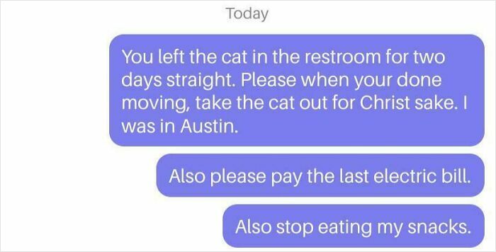 Text messages from a person complaining about a horrible roommate who left a cat, didnt pay bills, and ate snacks.