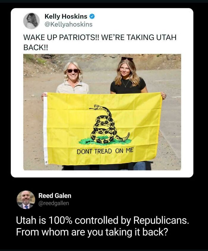 A hilariously savage tweet by Reed Galen debunking Kelly Hoskins statement about taking Utah back, highlighting political burns.