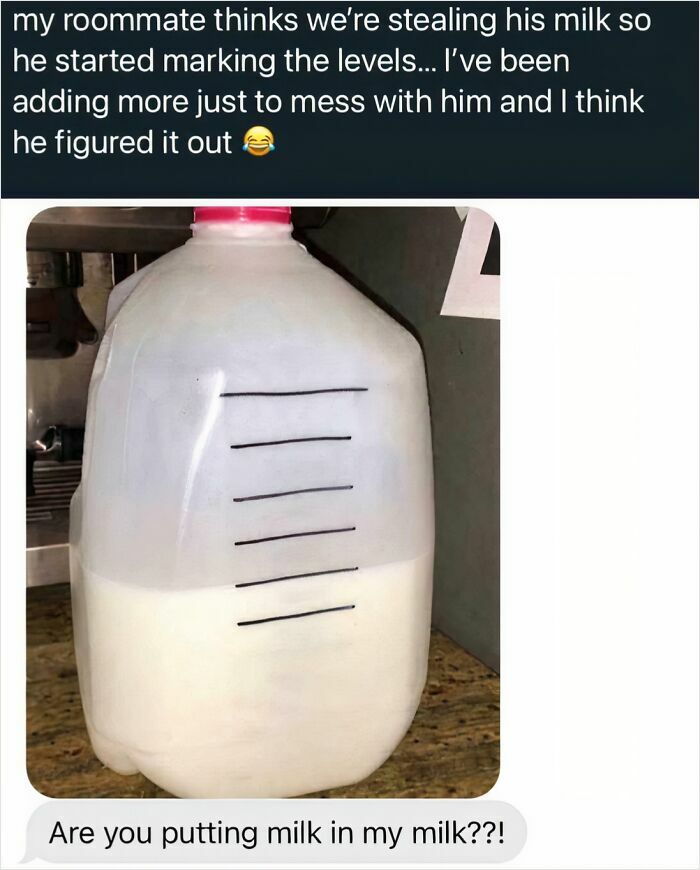 A carton of milk with marked levels and a text message about a roommate adding milk to milk, showing roommate conflict.