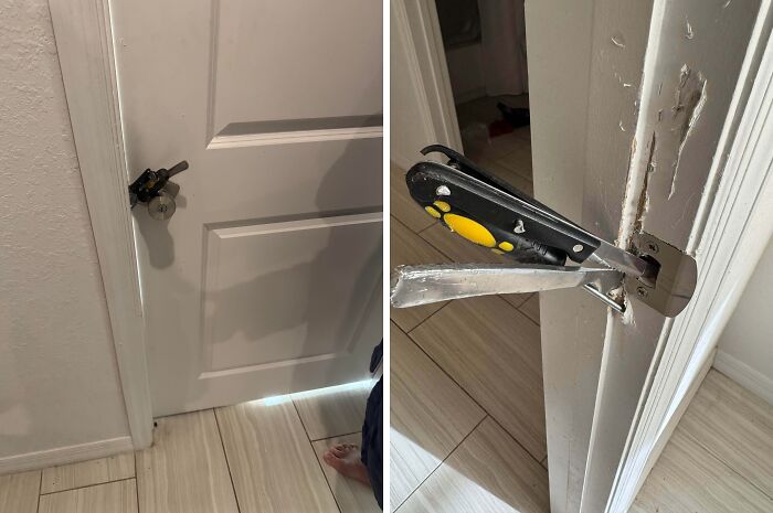 A broken door handle and damaged door frame, showing the destructive behavior of horrible roommates.