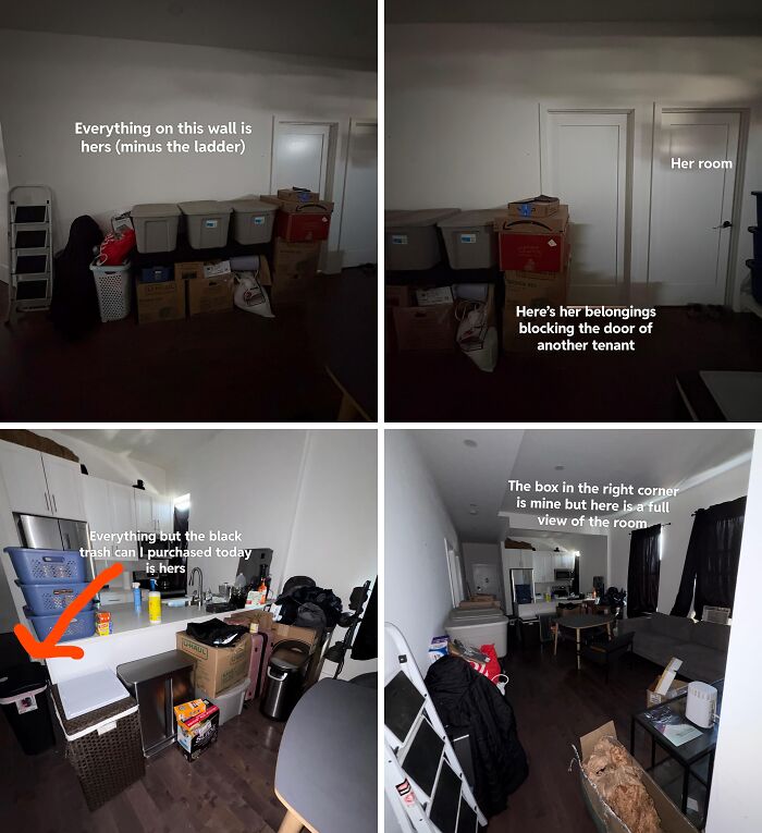 Four images showing a messy living space filled with belongings, blocking doors and shared areas, caused by horrible roommates.