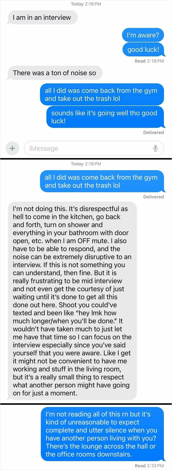 Text messages between roommates arguing about noise during a virtual interview, a common issue with horrible roommates.