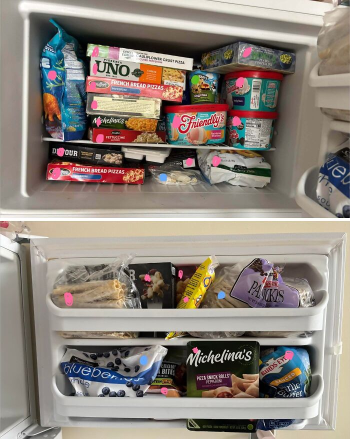A top-down view of a fully stocked freezer and two lower shelves, showing food hoarded by horrible roommates.