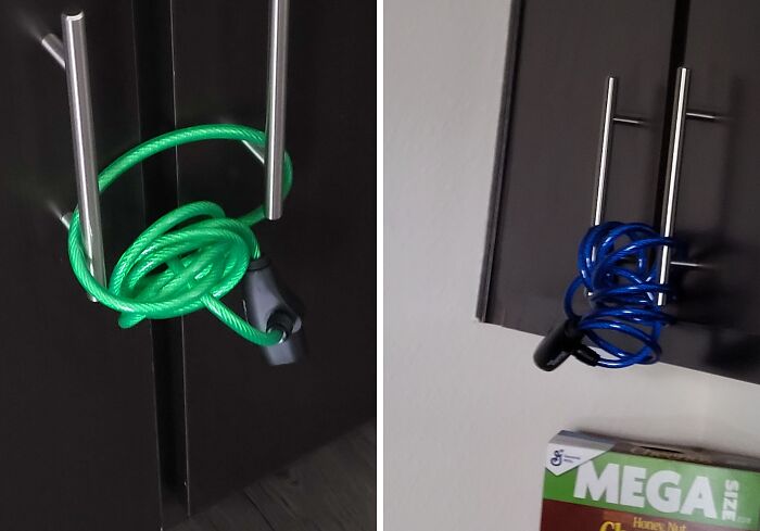 Two images showing a green and blue bicycle lock used to lock kitchen cabinets, a prime example of horrible roommates.