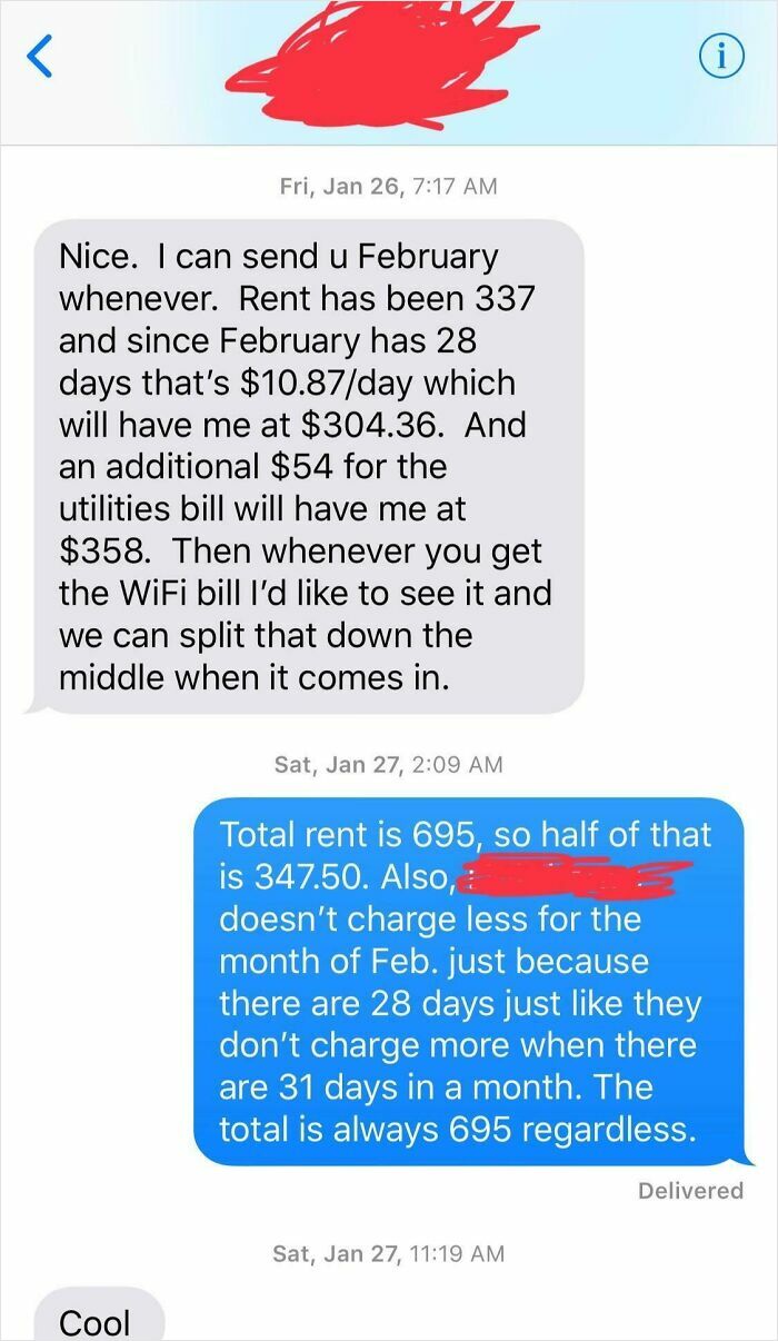 Text messages showing a dispute between roommates over rent calculation for a 28-day month, highlighting horrible roommates.