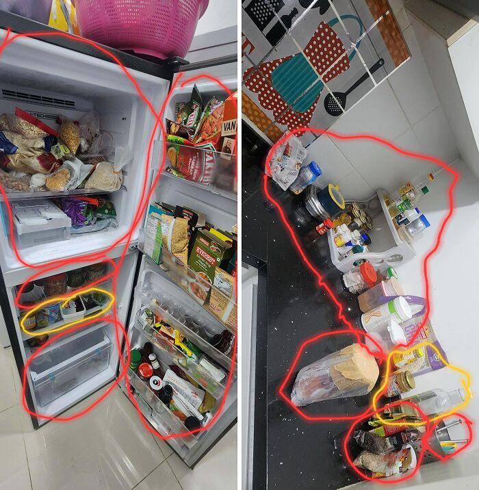 Two images showing a cluttered refrigerator and a messy kitchen counter, reflecting a horrible roommates disorganized living.