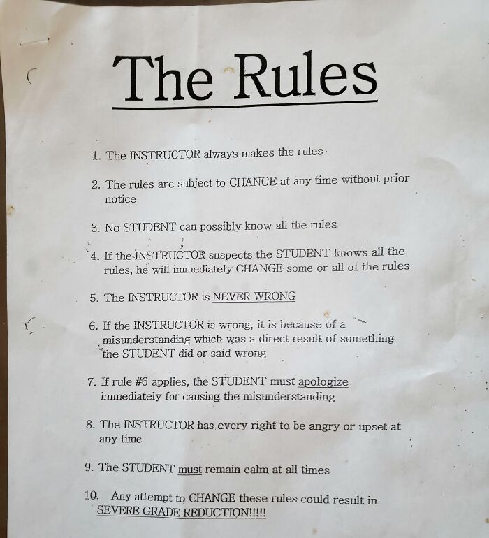 A list of domineering rules, possibly from a horrible roommates, titled The Rules, emphasizing strict control.