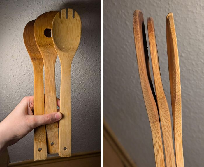 Bent wooden kitchen utensils, illustrating the damage caused by horrible roommates.