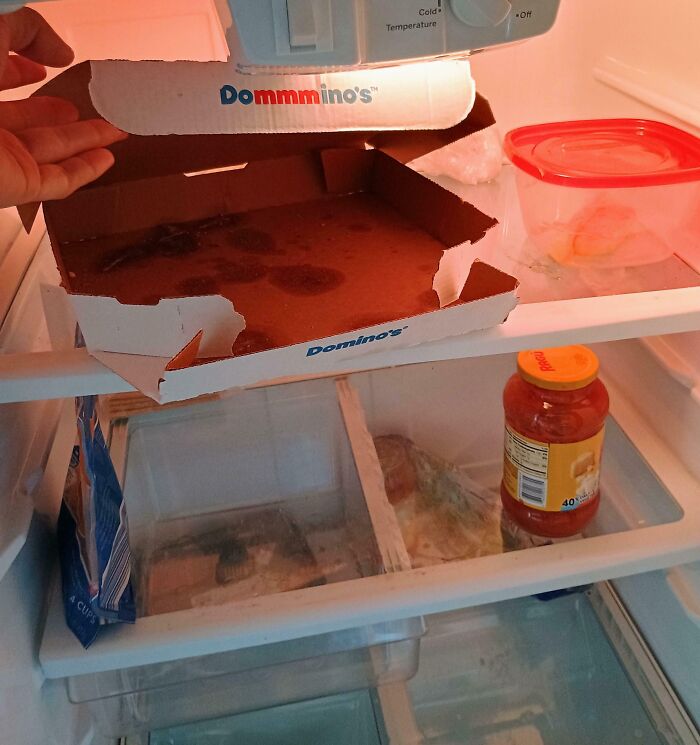 A dirty fridge with an empty pizza box and old food, showing the habits of horrible roommates.