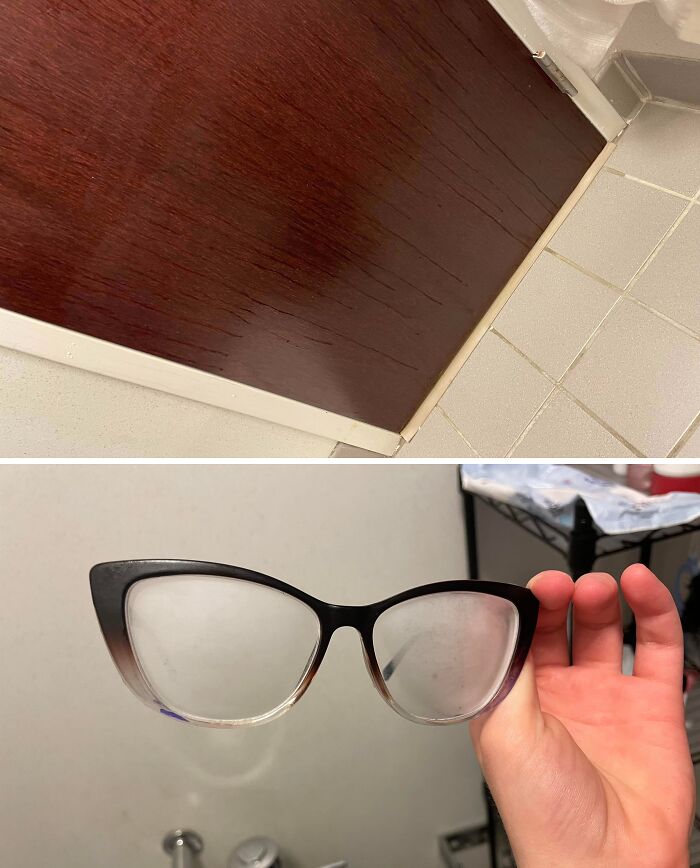 A two-panel image showing a damaged wooden door and blurry eyeglasses, demonstrating horrible roommates and their impact.