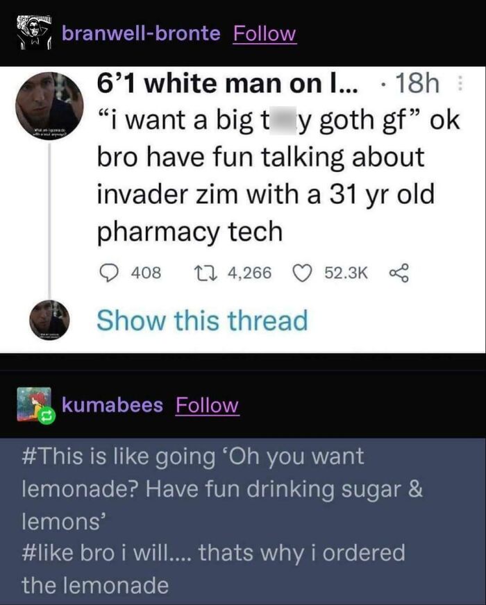 A Tumblr post discussing dating preferences and wild Tumblr gems; one person wants a goth girlfriend, another replies about lemonade.