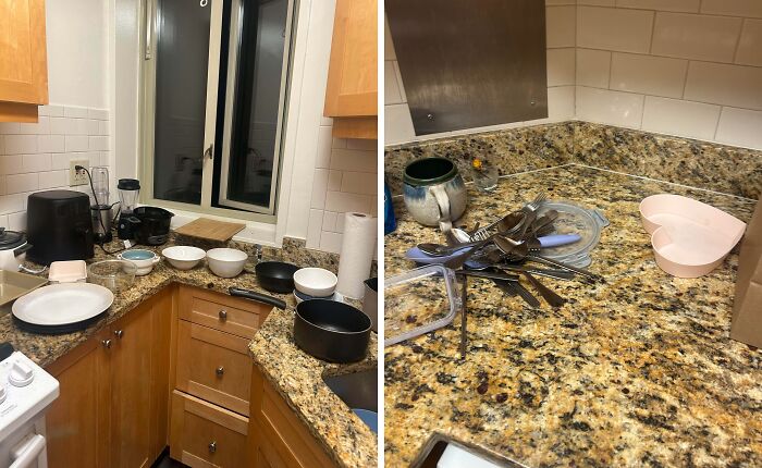 A kitchen counter overflowing with dirty dishes and utensils, highlighting horrible roommates failing the vibe check.