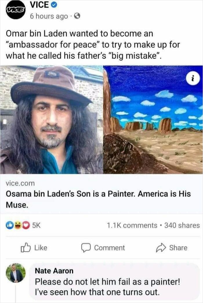 A social media post about Osama bin Laden's son as a painter, with a funny comment, for miscellaneous posts.