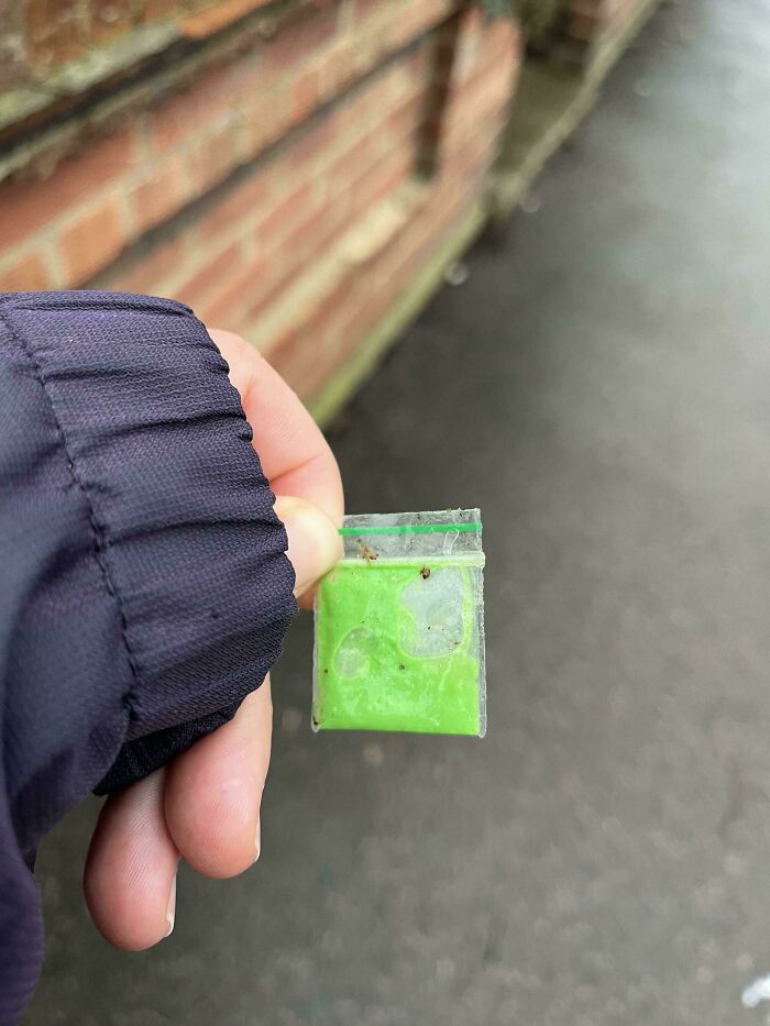 A hand holds a small plastic bag with green slime, showing things that should be left alone.