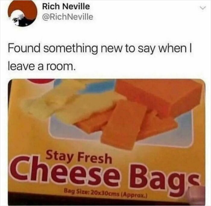 A close-up of a cheese bags package with the text 'Stay Fresh' and 'Cheese Bags,' a post for entertained at work.