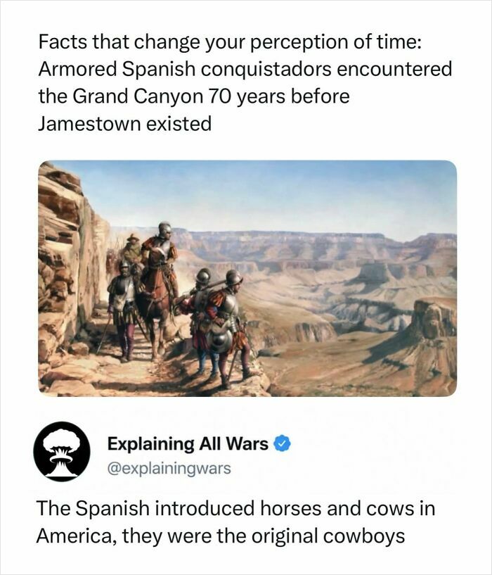 Painting of armored Spanish conquistadors at the Grand Canyon, explaining all wars and historical facts.