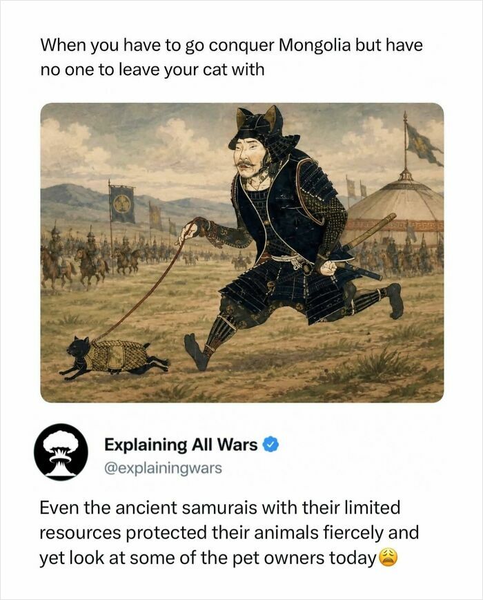 A samurai warrior with his cat, illustrating a unique aspect of historical figures and their connection to wars.