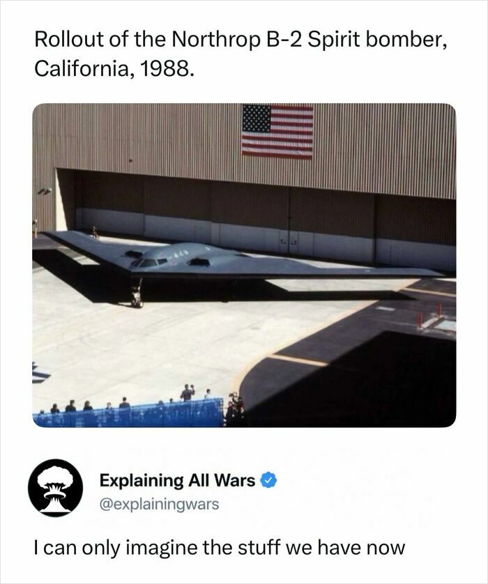 Rollout of the Northrop B-2 Spirit bomber in California, a historical moment in military technology and wars.