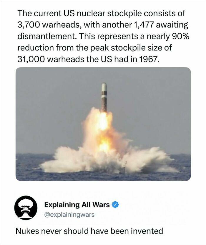 A Trident II D5 missile launches from the ocean, representing US nuclear arsenal and explaining all wars.