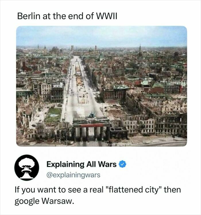 Berlin at the end of WWII, a scene of destruction explaining the history of all wars and their impact.