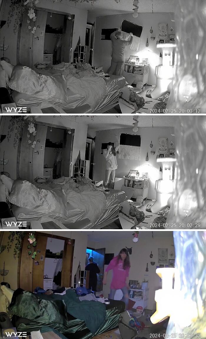 Night vision security footage showing a roommate acting strangely in a messy room.