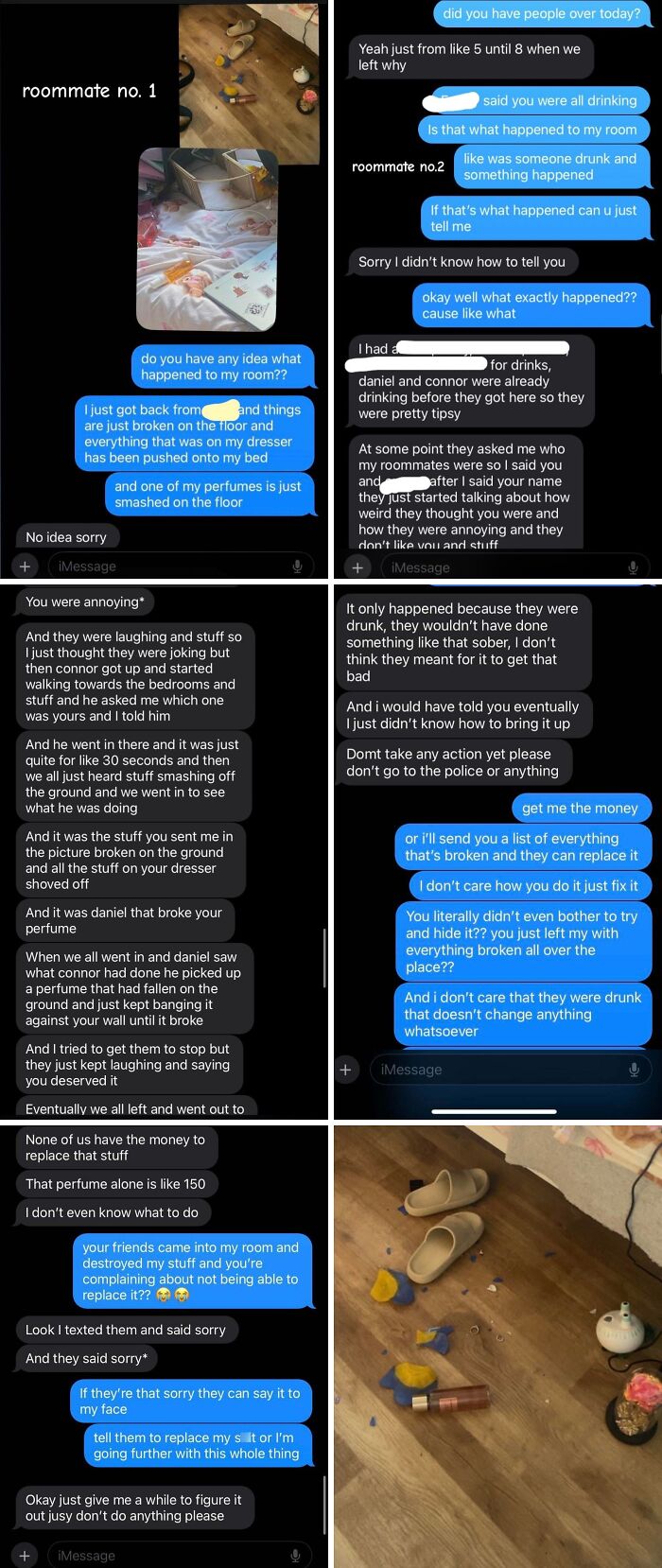 A series of text messages detailing a destroyed room and stolen items, revealing a horrible roommate's actions.