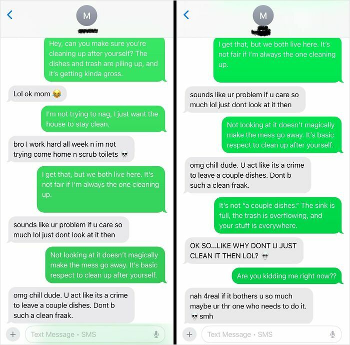 A text message conversation showing a conflict about cleaning, highlighting a horrible roommate's refusal to clean.