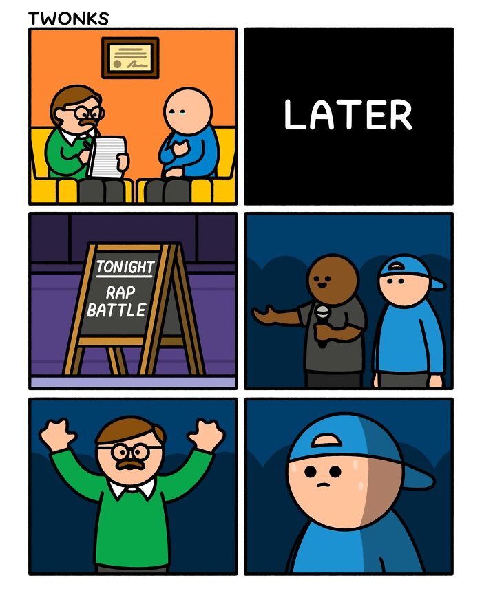 Funny comic by Steve Nelson about a rap battle where a man who went to therapy ends up rapping.